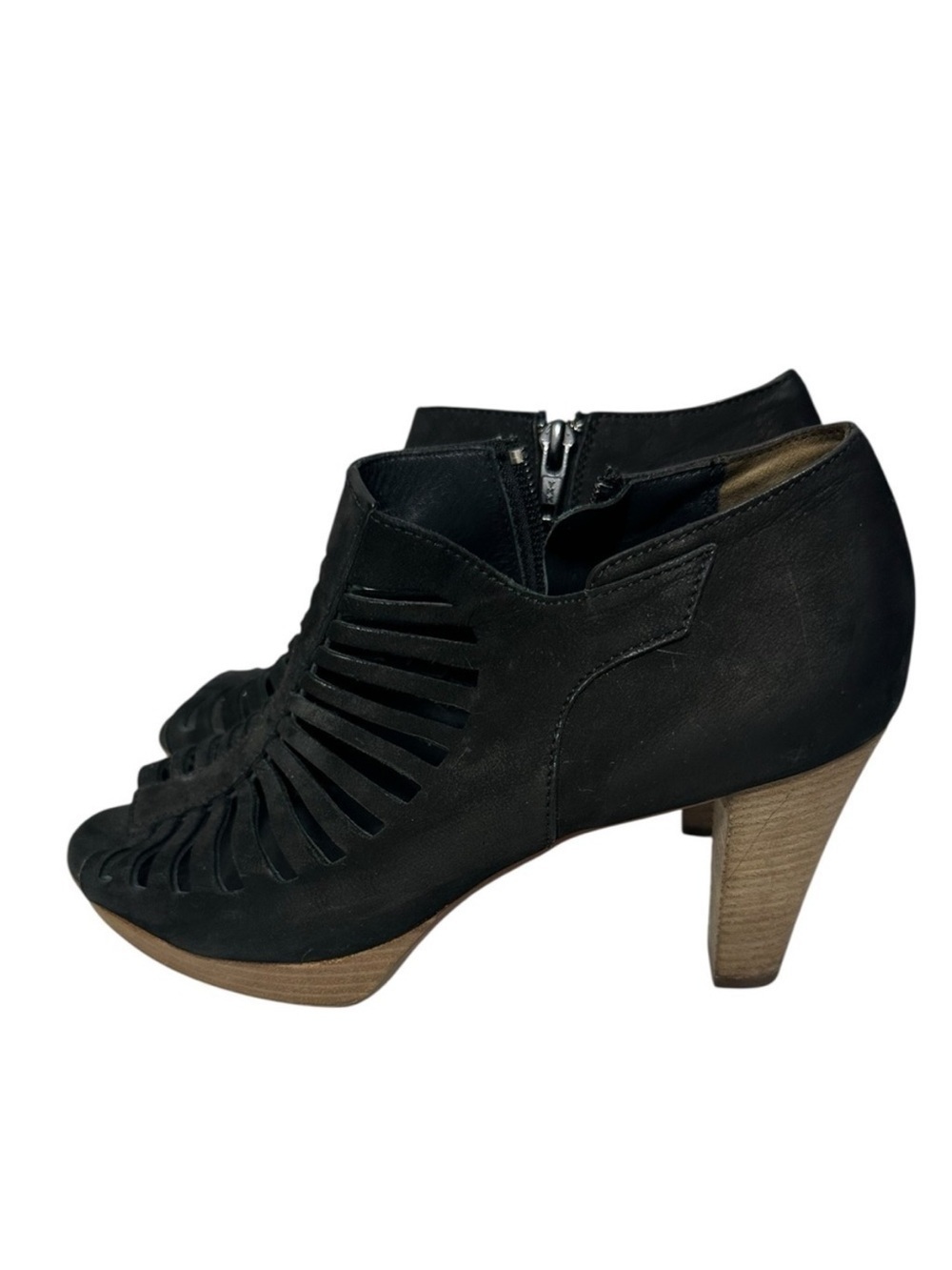 Paul Green Tasha Black Nubuck Leather Gladiator Peep Toe Ankle Booties Heels